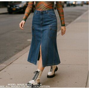 Y2K Funhouse Denim Cargo Skirt 13 (M) Maxi Pencil Mermaid Western Grunge Gorp